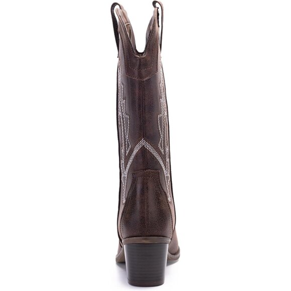 Women's Vintage Dark Brown Embroidered Mid Calf Chunky Western Heel Boots - Picture 7 of 7